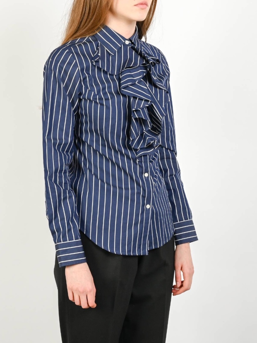 Ralph Lauren Navy and White Striped Ruffle Button-Down Shirt